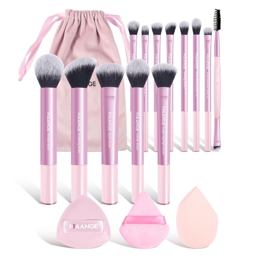 Maange 16 Pieces Pink Makeup Brushes Travel Set For Cosmetics Blending